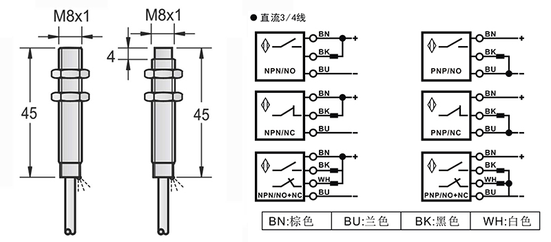 M8-45mm圓柱標(biāo)準(zhǔn)型接近開(kāi)關(guān)出線式